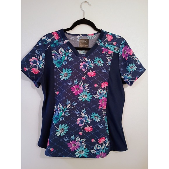 Cherokee Tops - Cherokee‎ iFlex Women's Floral V Neck Scrub Top Short Sleeve Navy M